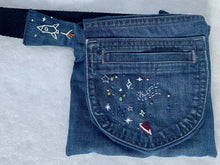 Load image into Gallery viewer, galaxy embroidered upcycled denim fanny pack