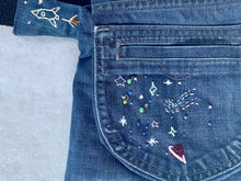 Load image into Gallery viewer, galaxy embroidered upcycled denim fanny pack