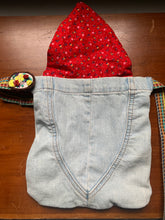 Load image into Gallery viewer, yellow & red embroidered upcycled denim fanny pack with polymer clay floral detail