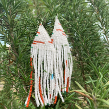 Load image into Gallery viewer, white, burnt orange, & green beaded earrings