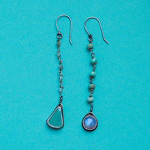 Load image into Gallery viewer, asymmetrical turquoise and moonstone silver earrings