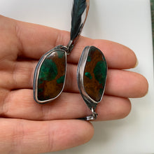 Load image into Gallery viewer, natural chrysocolla, silver, and long feather earrings