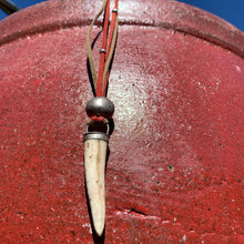 Load image into Gallery viewer, elk antler, silver, leather, deerskin, and horn long necklace
