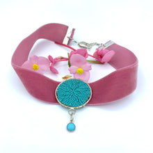 Load image into Gallery viewer, pink turquoise velvet beaded choker