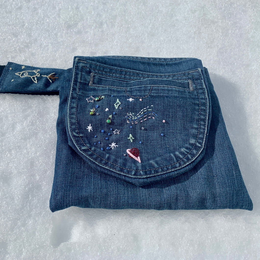 galaxy embroidered upcycled denim fanny pack