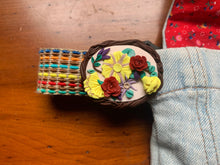 Load image into Gallery viewer, yellow &amp; red embroidered upcycled denim fanny pack with polymer clay floral detail
