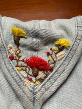 Load image into Gallery viewer, yellow &amp; red embroidered upcycled denim fanny pack with polymer clay floral detail

