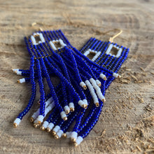 Load image into Gallery viewer, blue, white, &amp; gold minimalist beaded earrings
