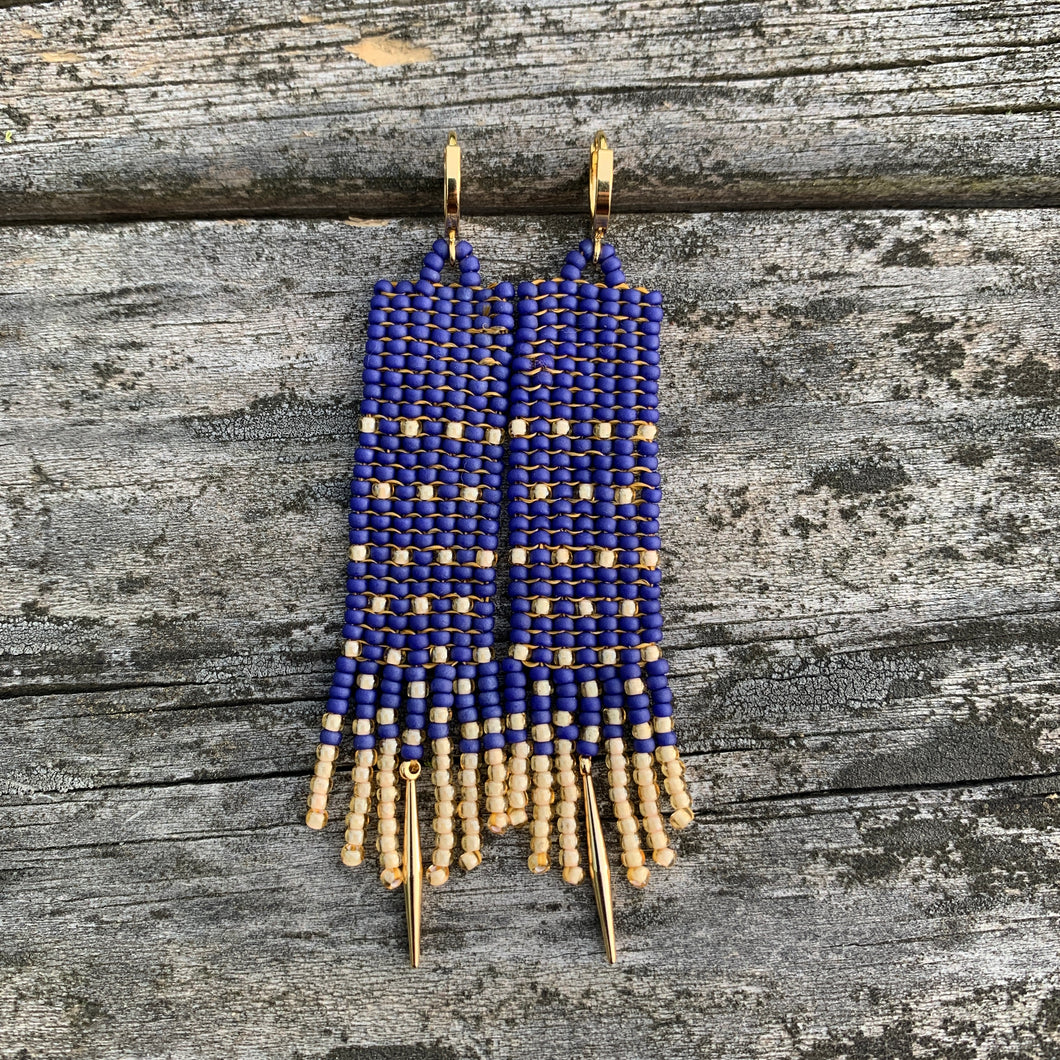 purple & gold beaded earrings with gold spikes