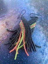 Load image into Gallery viewer, iridescent asymmetrical neon &amp; slate beaded earrings
