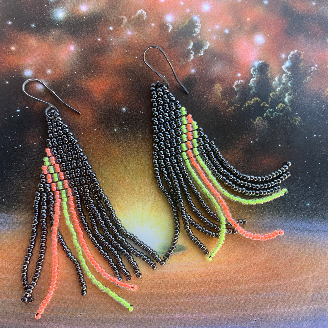 iridescent asymmetrical neon & slate beaded earrings
