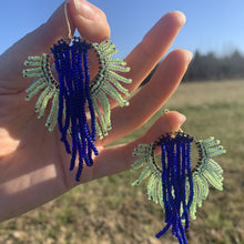 Load image into Gallery viewer, electric blue and neon yellow sunburst beaded earrings
