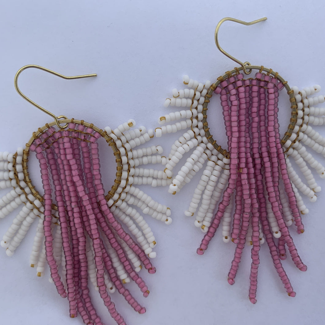 pink and ivory sunburst beaded earrings