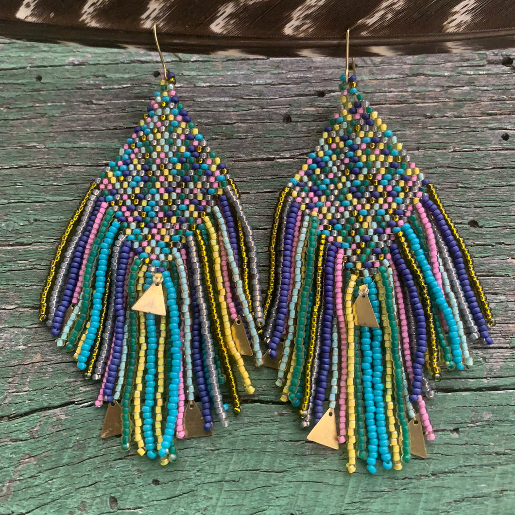 multi color fringe beaded statement earrings
