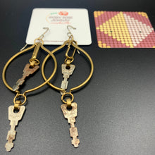Load image into Gallery viewer, brass and master key found object earrings
