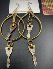 Load image into Gallery viewer, brass and master key found object earrings

