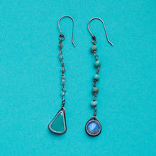 Load image into Gallery viewer, asymmetrical turquoise and moonstone silver earrings
