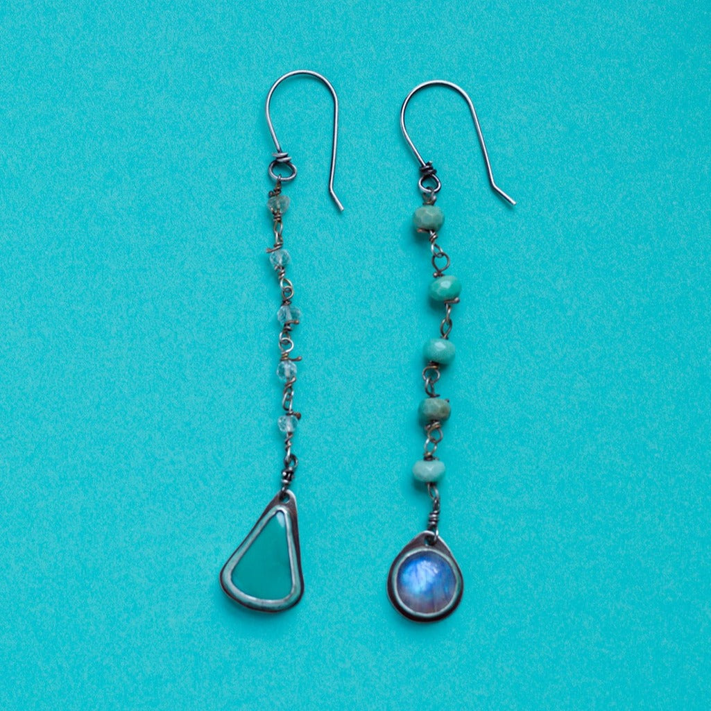 asymmetrical turquoise and moonstone silver earrings