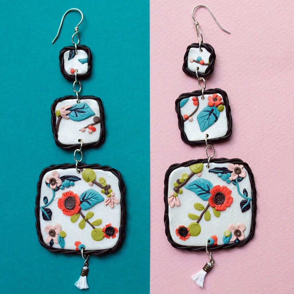 japanese floral 3 tiered polymer clay earrings