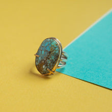 Load image into Gallery viewer, turquoise silver and gold fill pronged ring
