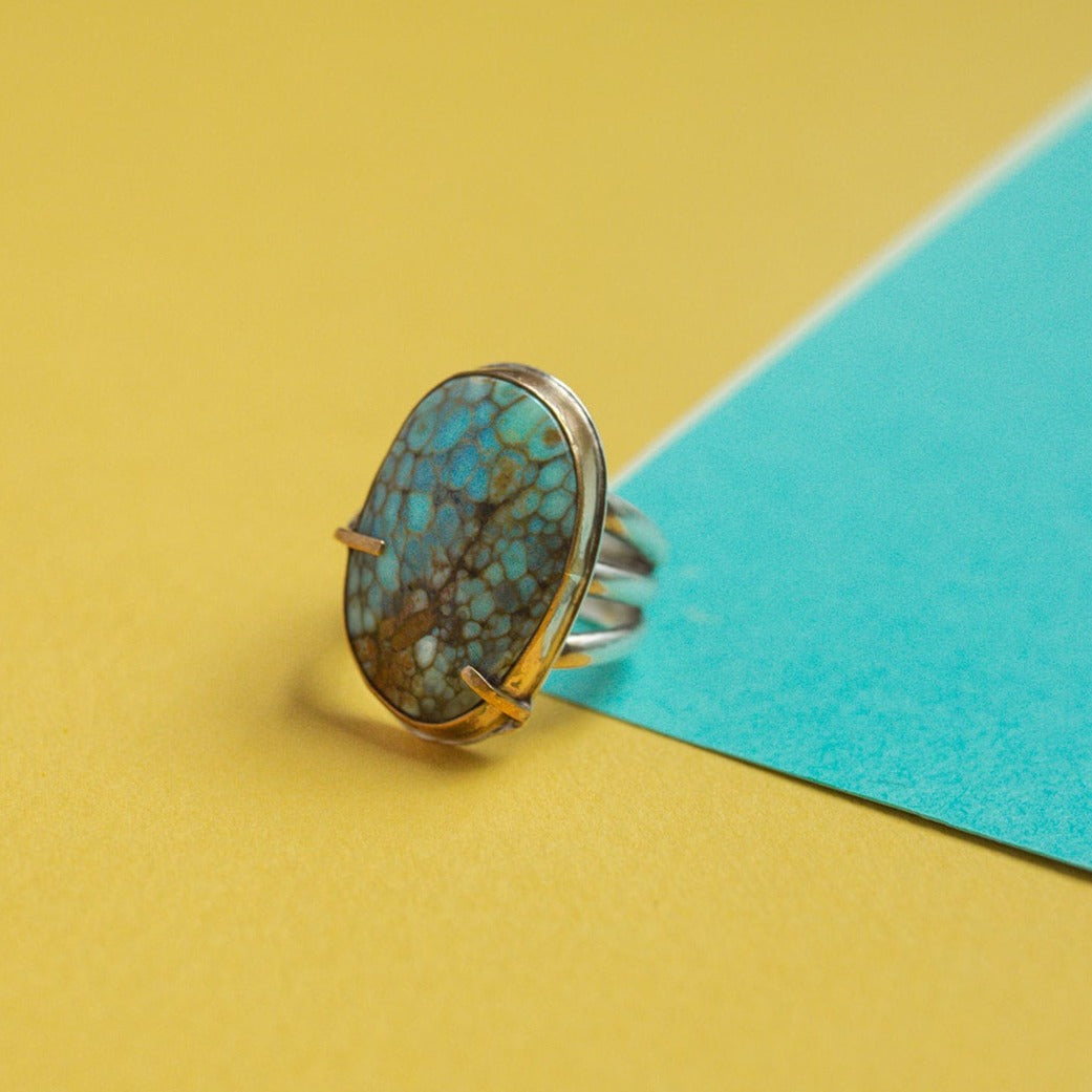 turquoise silver and gold fill pronged ring