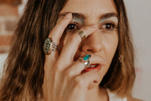 Load image into Gallery viewer, turquoise silver and gold fill pronged ring
