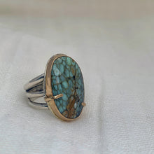 Load image into Gallery viewer, turquoise silver and gold fill pronged ring
